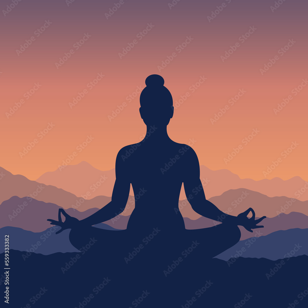 Silhouette of a woman in lotus pose meditating at sunrise Silhouette of a woman in lotus pose meditating at sunrise