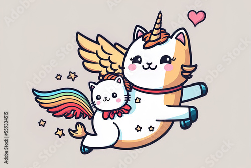 Cartoon symbol of a flying unicorn with a cute kitty. nature animal symbol idea  solitary. cartoonishly flat. Generative AI