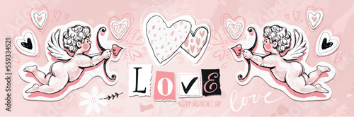 Modern banner for wedding, date night, valentines day romantic banner. Two cupids, the word love and two hearts on a pink background. Vector illustration for a dating site.