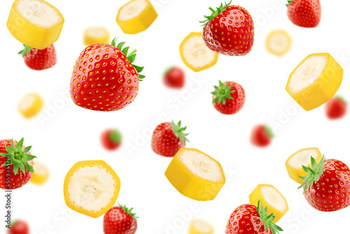 Falling Banana and Strawberry isolated on white background, selective focus