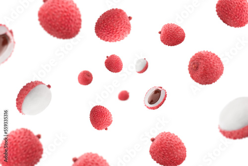 Falling lychee isolated on white background, selective focus