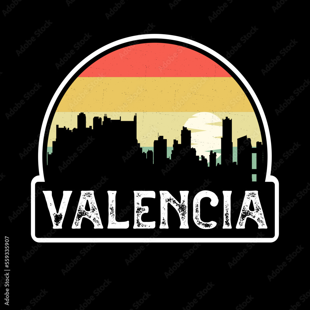 Valencia Spain Skyline Silhouette Retro Vintage Sunset Valencia Lover Travel Souvenir Sticker Vector Illustration SVG EPS