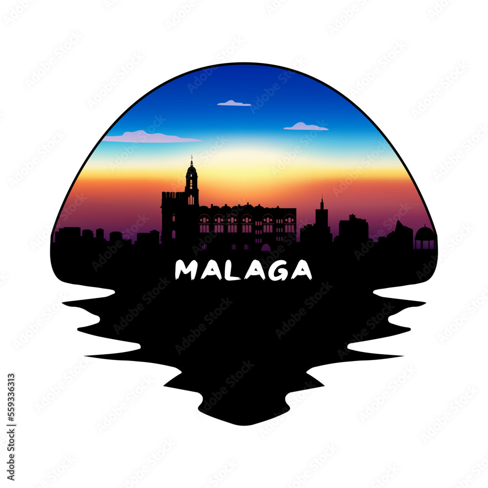 Malaga Spain Skyline Silhouette Retro Vintage Sunset Malaga Lover Travel Souvenir Sticker Vector Illustration SVG EPS