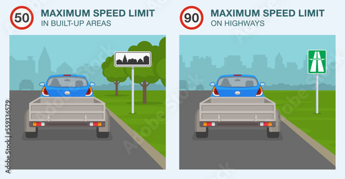 Safe car driving tips and traffic regulation rules. Maximum speed in built-up areas and highways. Back view of a car towing trailer on roads. Flat vector illustration template.