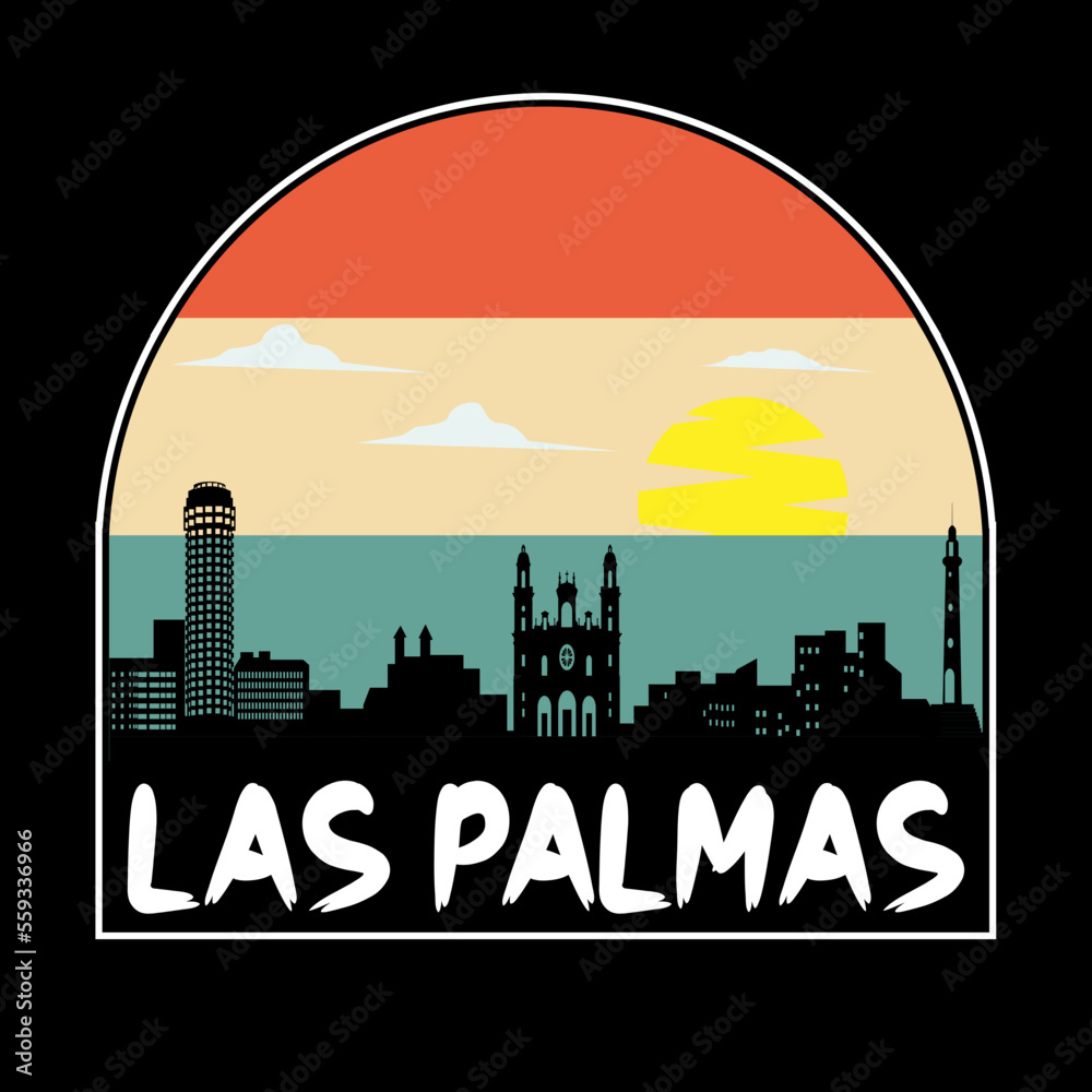 Las Palmas Spain Skyline Silhouette Retro Vintage Sunset Las Palmas Lover Travel Souvenir Sticker Vector Illustration SVG EPS