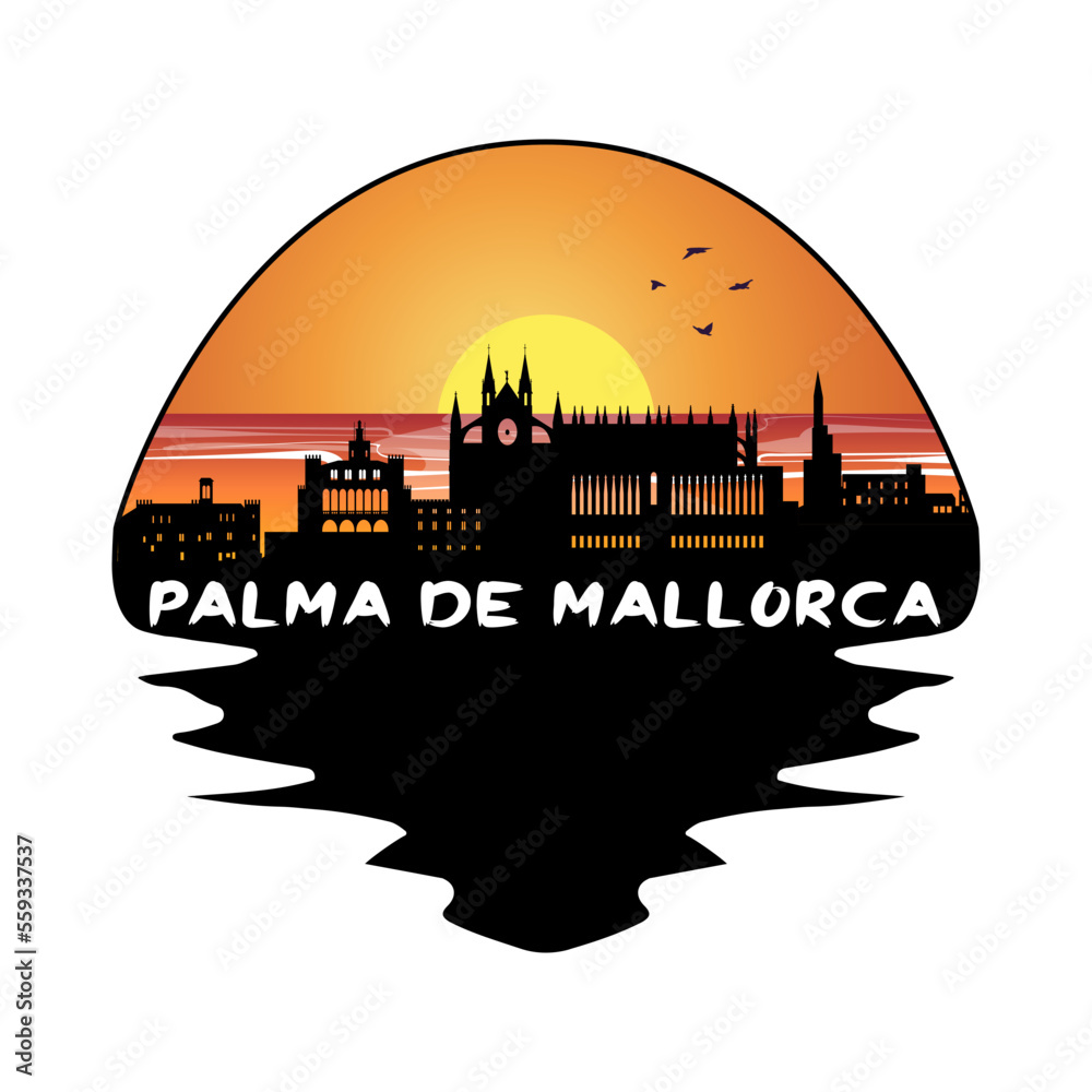 Palma De Mallorca Spain Skyline Silhouette Retro Vintage Sunset Palma De Mallorca Lover Travel Souvenir Sticker Vector Illustration SVG EPS