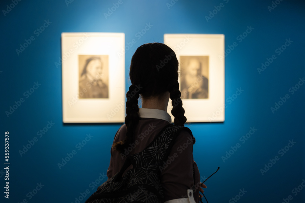 History and culture. Back view of woman in museum contemplates arts. Visiting excursion in exhibition. Concept of historic education - obrazy, fototapety, plakaty 
