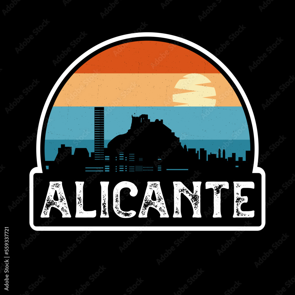Alicante Spain Skyline Silhouette Retro Vintage Sunset Alicante Lover Travel Souvenir Sticker Vector Illustration SVG EPS