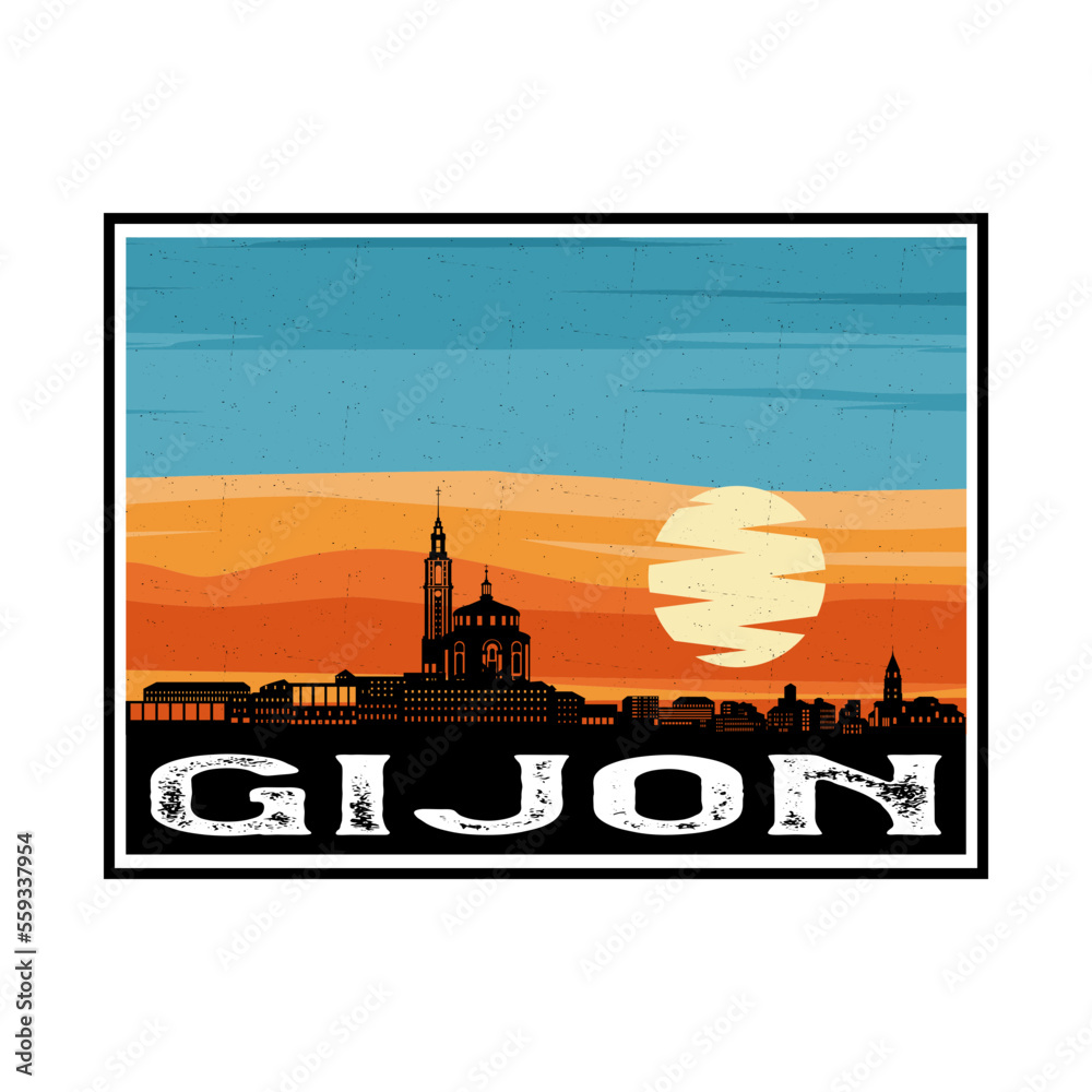 Gijon Spain Skyline Silhouette Retro Vintage Sunset Gijon Lover Travel Souvenir Sticker Vector Illustration SVG EPS