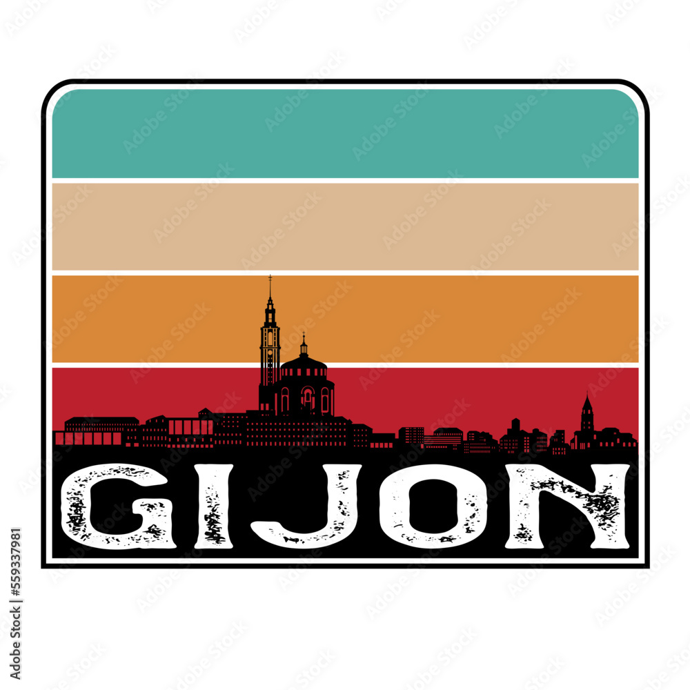 Gijon Spain Skyline Silhouette Retro Vintage Sunset Gijon Lover Travel Souvenir Sticker Vector Illustration SVG EPS
