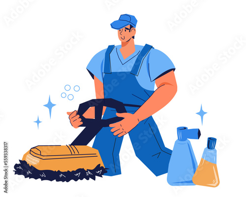 Worker in blue uniform with industrial floor polishing and cleaning machine, flat isolated vector illustration. Floor polishing and wood parquet flooring renovation service.