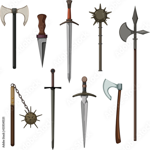 medieval weapon set cartoon. battle blade, metal ancient, sharp iron, war knight, old medieval weapon vector illustration