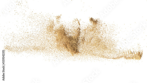 3D rendering of scattered sand granules or dirt on transparent background