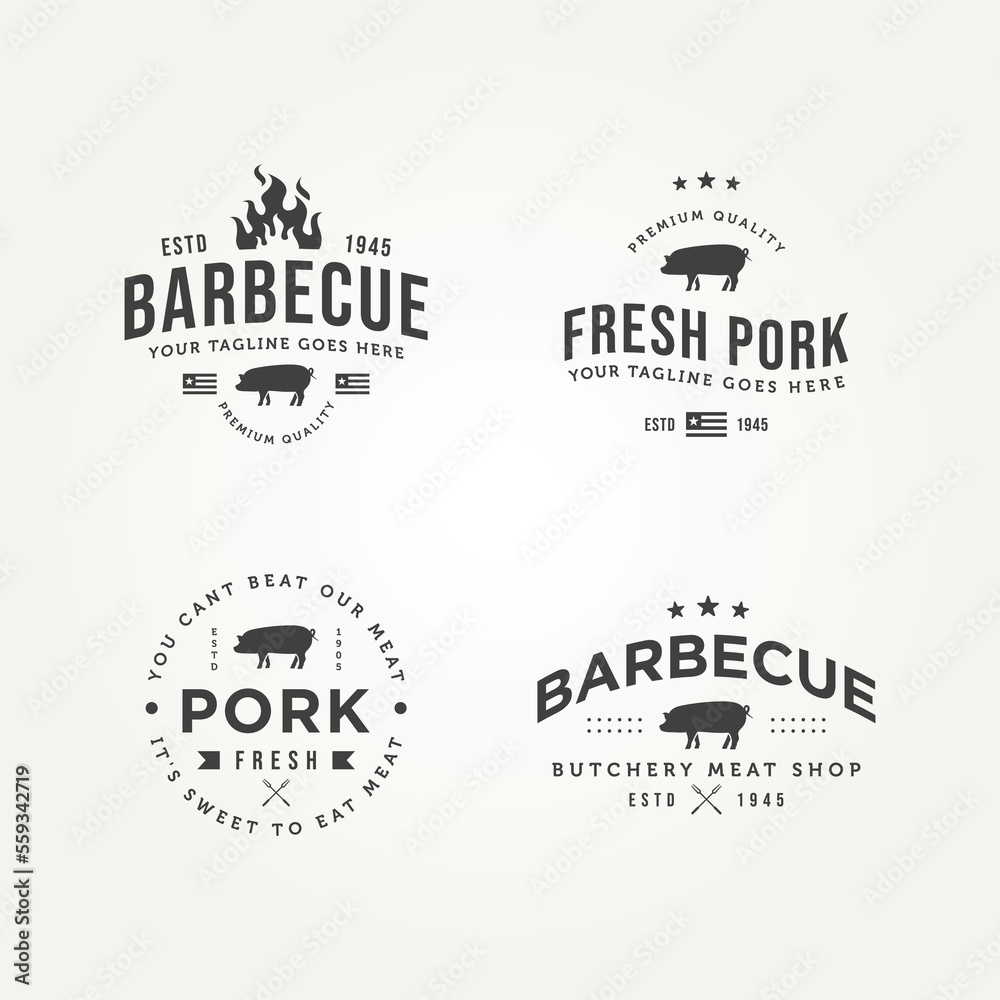set of vintage classic barbecue fresh pork icon logo template vector illustration design. retro butchery, meat shop, restaurant logo concept
