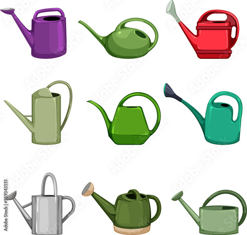 watering can set cartoon. gardening garden, metal green, agriculture plant, growth spring, spray watering can vector illustration