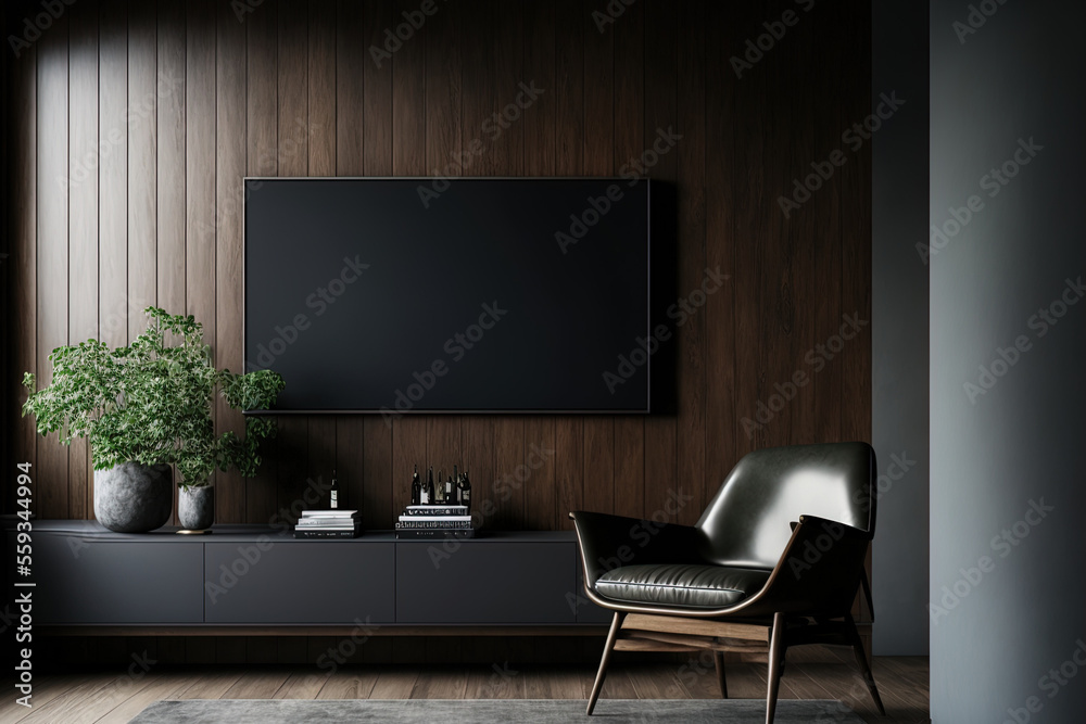 Visualize a wall mounted TV and a chair in a dim space with a dark wood wall. Generative AI
