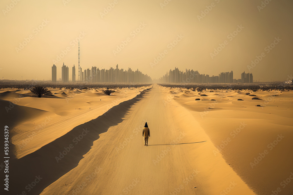 An anonymous individual is seen strolling down a barren road that is covered in sand dunes in this breathtaking aerial image, which also features the Dubai Skyline in the distance. United Arab Emirate