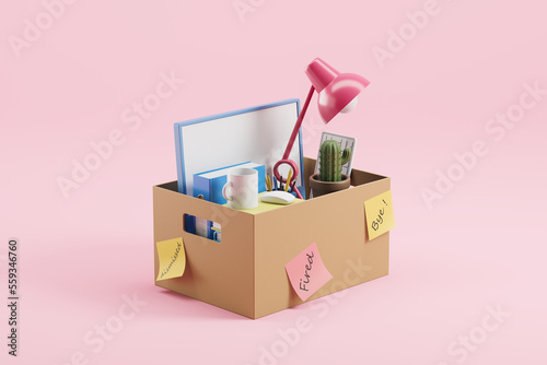 Fényképezés Cardboard box with office tools of an employee