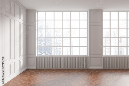 Stylish empty room interior  molding design and panoramic window on city view