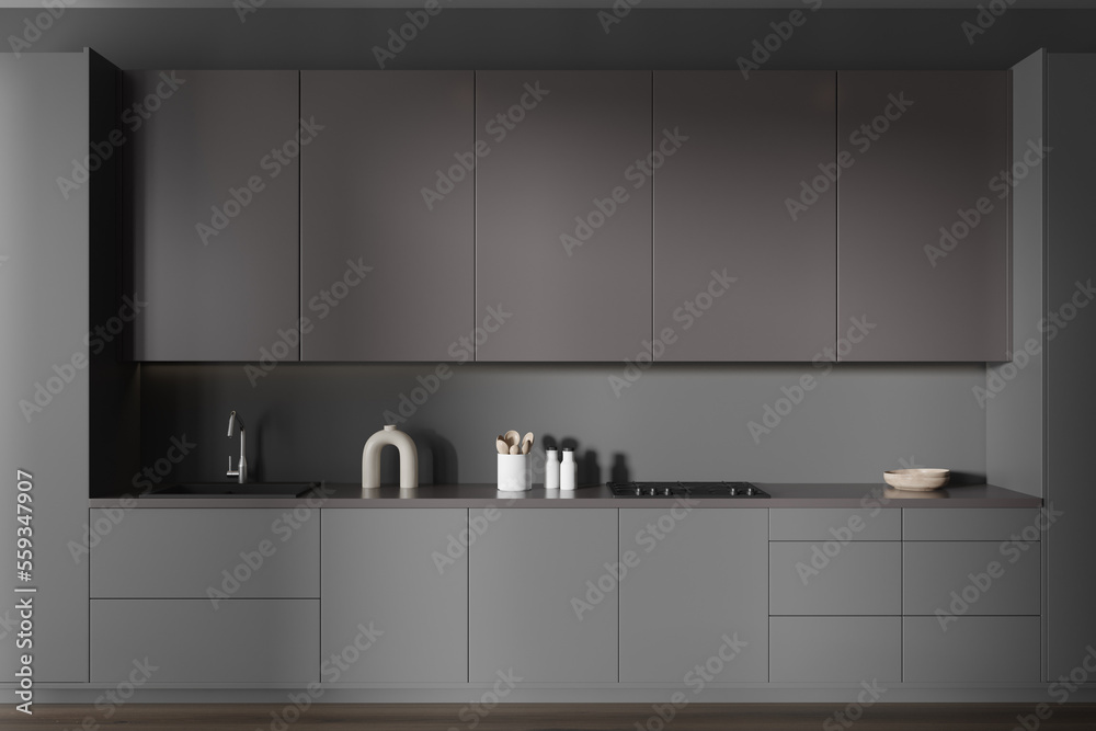 Front view on dark kitchen room interior with cupboard Front view on dark kitchen room interior with cupboard
