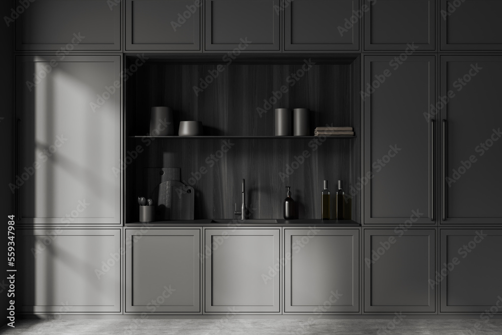 Grey kitchen interior with kitchenware and shelves with molding design Grey kitchen interior with kitchenware and shelves with molding design