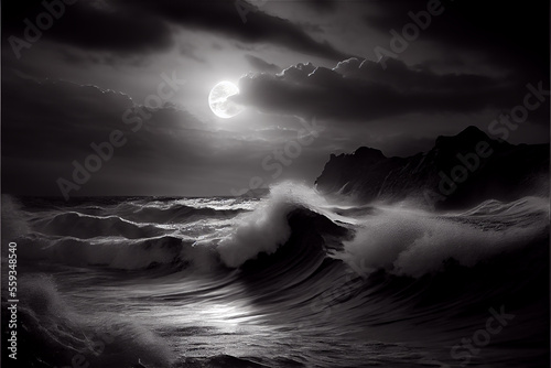 black and white seascape, ideal for marine backgrounds with lots of copy space, generative AI