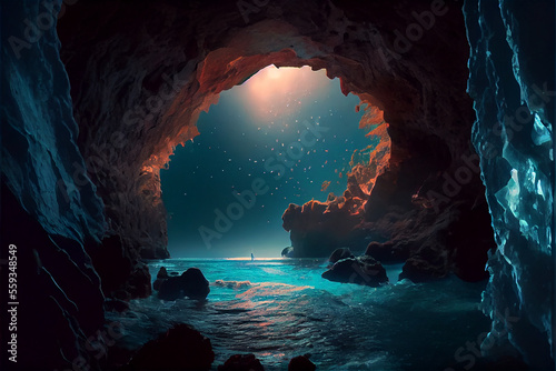 Cave in the ocean with blue light, perfect for backgrounds, generative ia