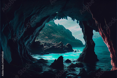 Cave in the ocean with blue...