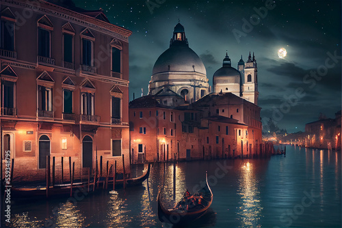 Twilight view of Venice grand canal at night with illuminated buildings, generative AI © FrankBoston
