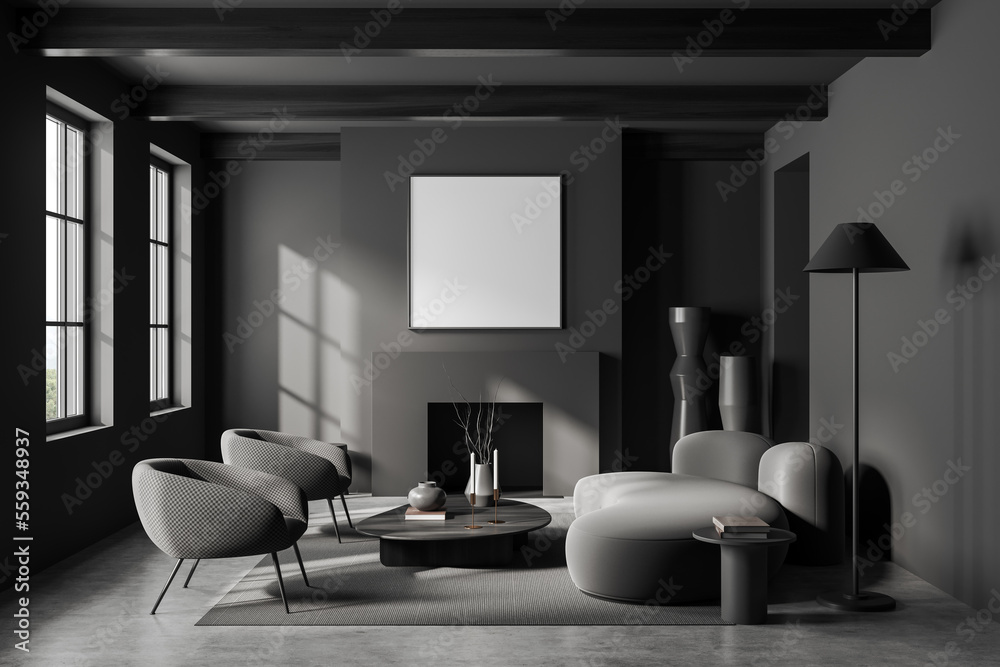 Fototapeta premium Grey living room interior with sofa, armchair and fireplace, mockup frame