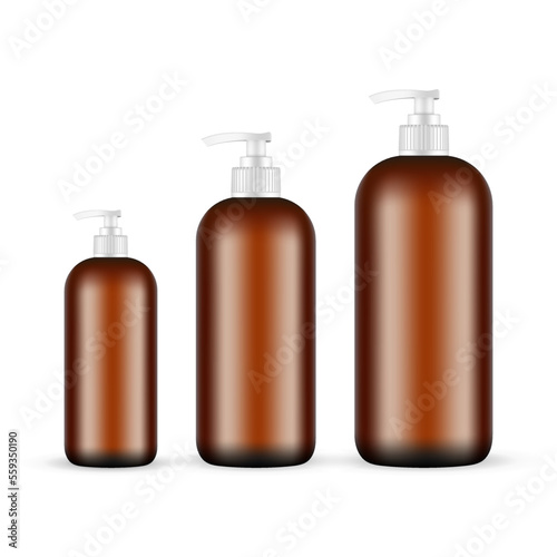 Set of Amber Plastic Bottles With Pump for Shower Gel, Lotion or Shampoo, Isolated on White Background. Vector Illustration