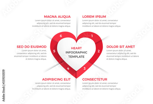 Infographic template with heart divided on six elements