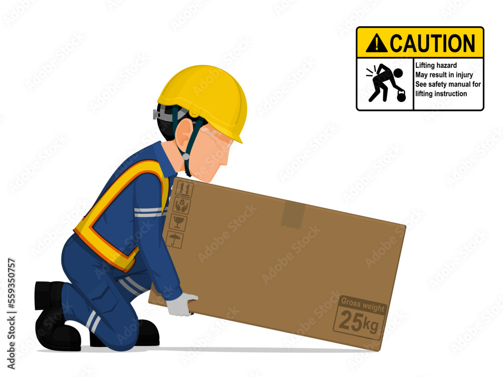 A worker is lifting a big box on the floor