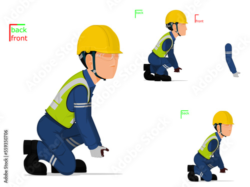 A worker is lifting something on the floor