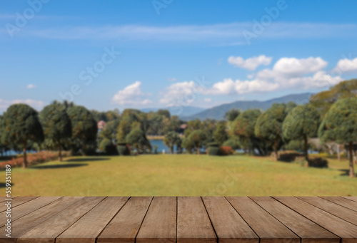 wooden table top on blurred park background.