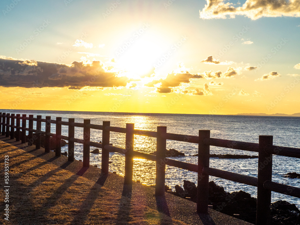 伊豆大島のサンセットパームラインの万立浜から見る夕陽（東京都大島町）
