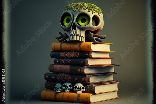 eerie skull with cartoon eyes atop a stack of books. Generative AI