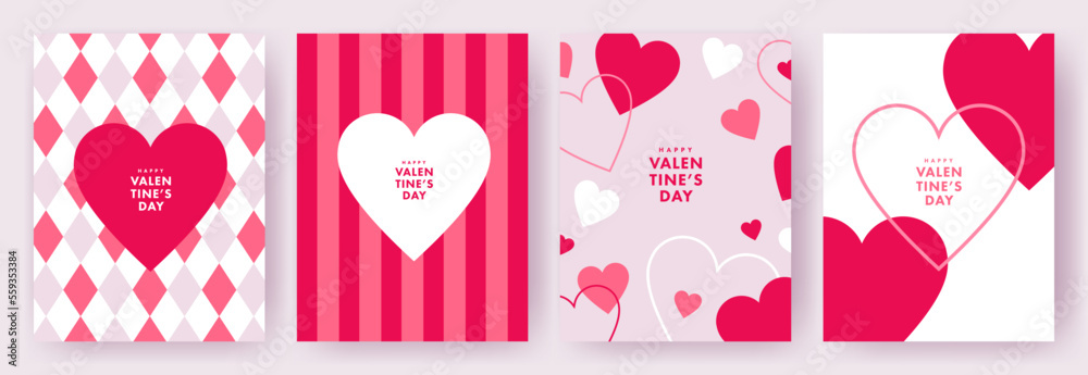 Happy Valentine's Day set of simple cards, banners or backgrounds with heart frame and pattern in modern flat style for decor, greetings, packaging, print, web, promo, sale - obrazy, fototapety, plakaty 