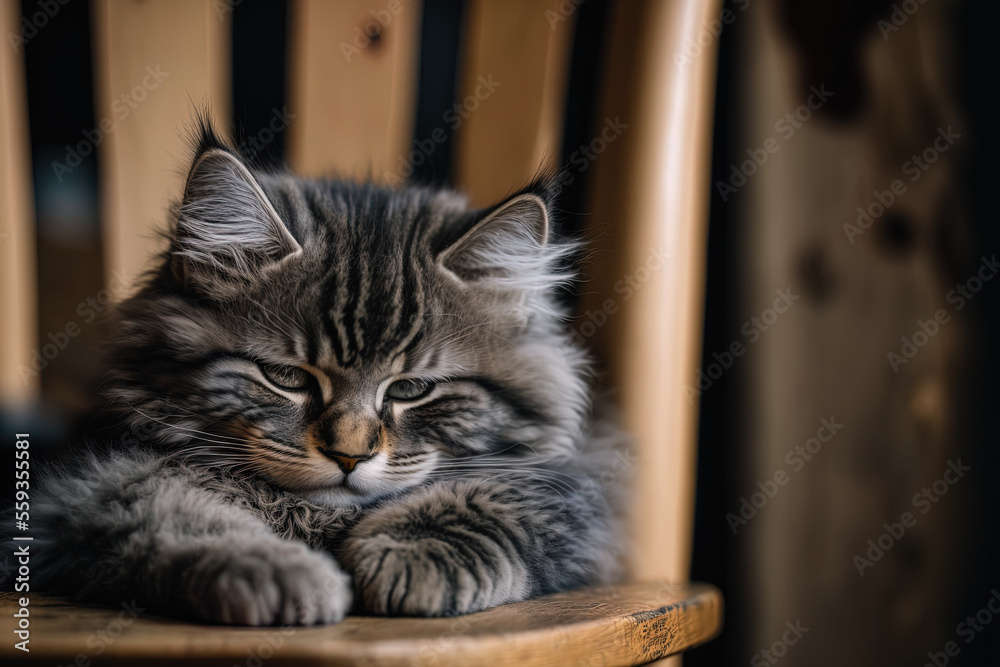 A gray, fluffy, tabby cat is seen in selective focus while perched on a wooden chair. Generative AI