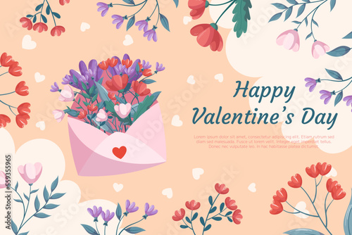 St. Valentines Day background design with pink open envelop red flowers with green leaves on beige backdrop. Concept with decorative clouds and hearts on the back, floral frame around