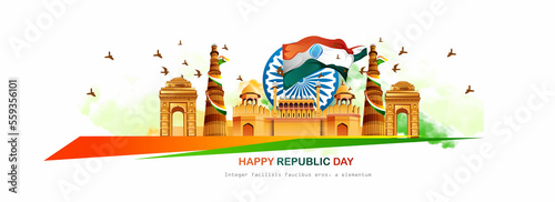 26 january with flag art indian celebration happy republic day India greetings. vector illustration design. photo
