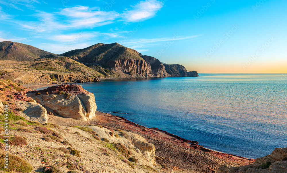 Spain coast mediterranean sea with rock- Cabo de Gata,  Andalusia, natural park near Almeria