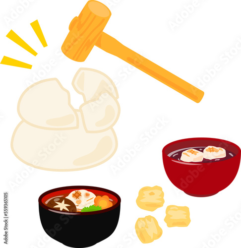 鏡開きの餅と雑煮、お汁粉、かき餅