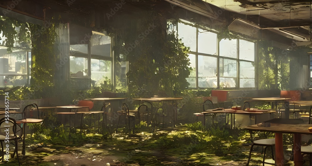 Fototapeta premium Inside an abandoned shopping mall in a devastated world _40