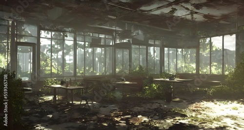 Inside an abandoned shopping mall in a devastated world _42