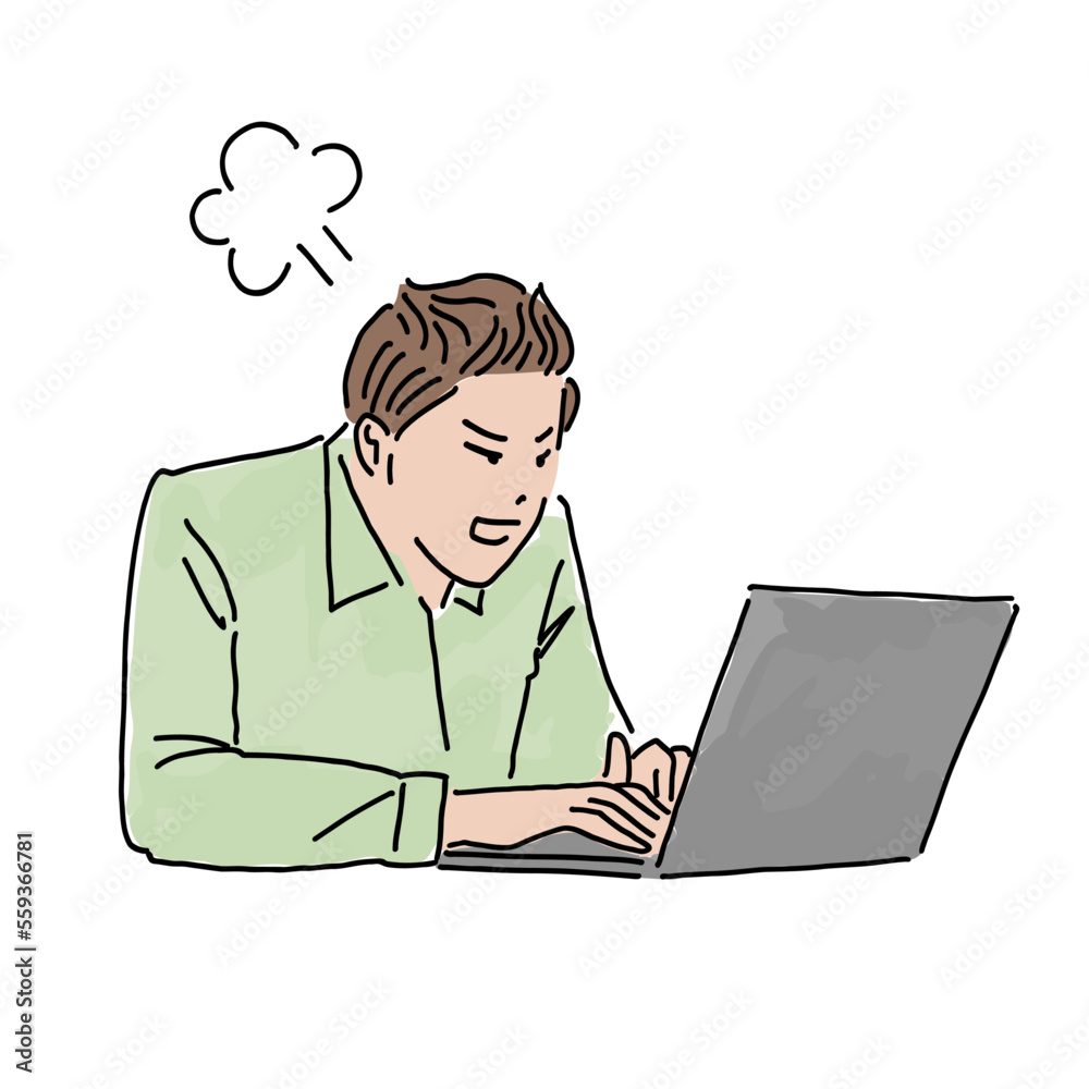 イラスト素材 怒りながら仕事をするビジネスパーソンの男性 イラスト素材 怒りながら仕事をするビジネスパーソンの男性