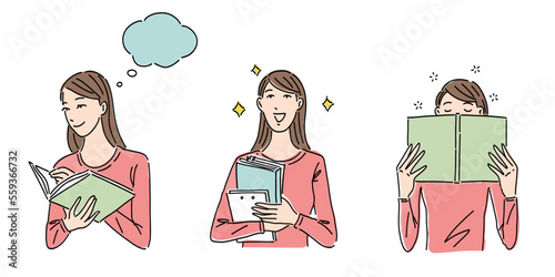 本を持っていろいろな表情をする女性　人物イラストのセット　吹き出し