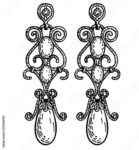 Hand drawn earrings. Stylish jewelry, vector sketch illustration. Long earrings with precious stones.