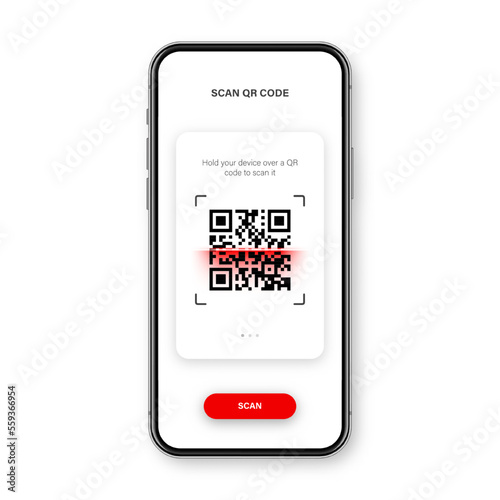 QR code scanner, reader app for smartphone. Identification tracking code. Serial number, product ID with digital information. Store, supermarket scan labels, price tag. Vector illustration.