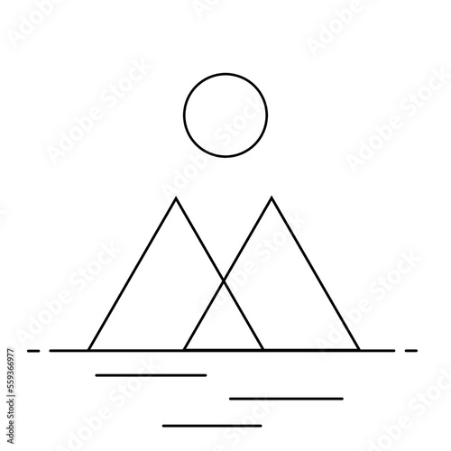 Mountain, river and sun in line art style. Minimal line art tattoo. Mountain and river logo design. Nature landscape illustration.